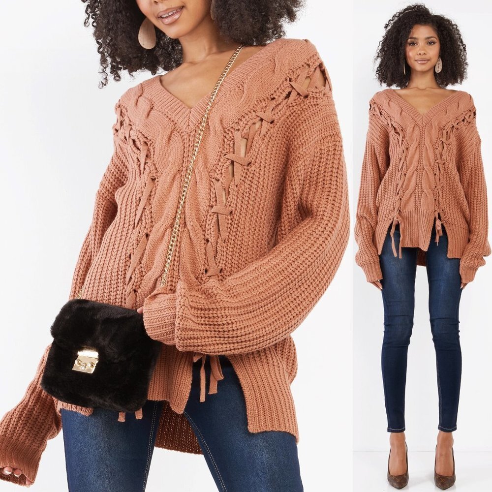 NEW Salmon Camel Laced Up Braid Cable Off Shoulder V Neck Longline Tunic Sweater